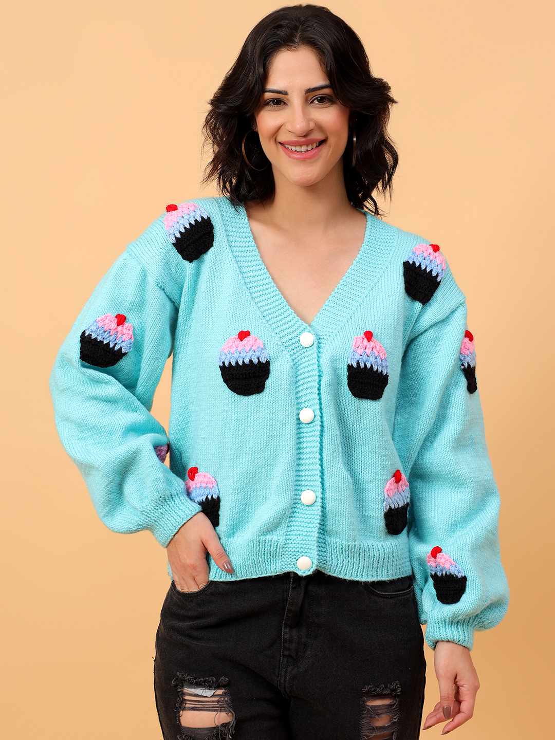 Cupcake Oversized Cardigan for Women - Blue