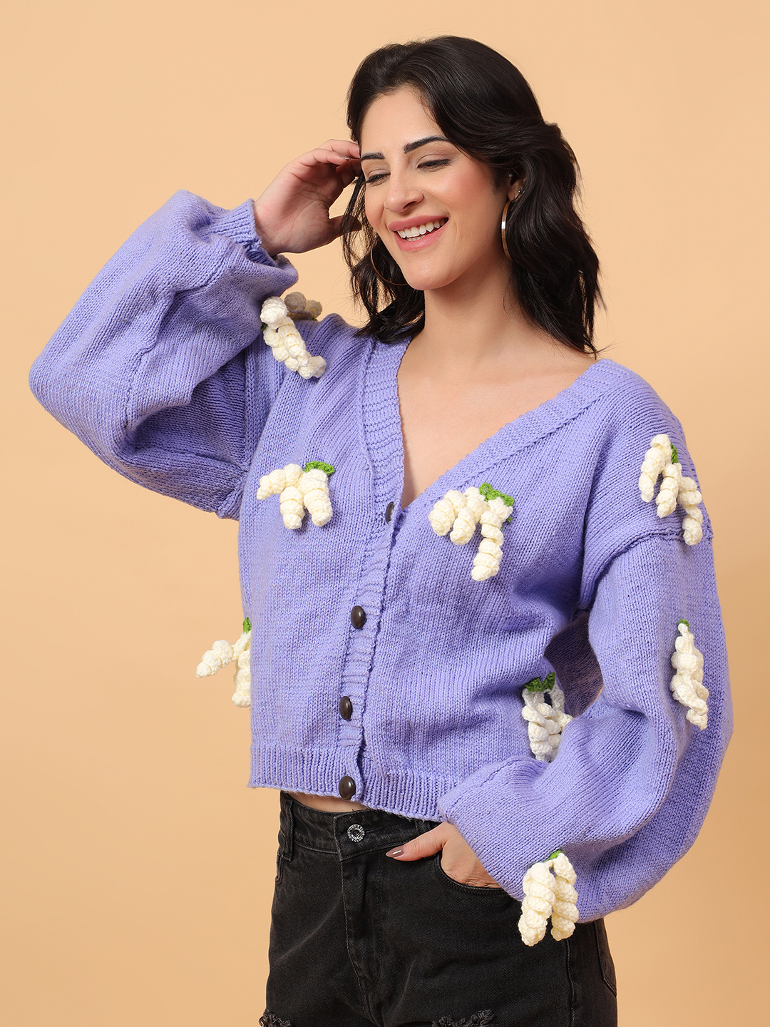 Baggy Cardigan with Crochet Grapes Appliques - Purple