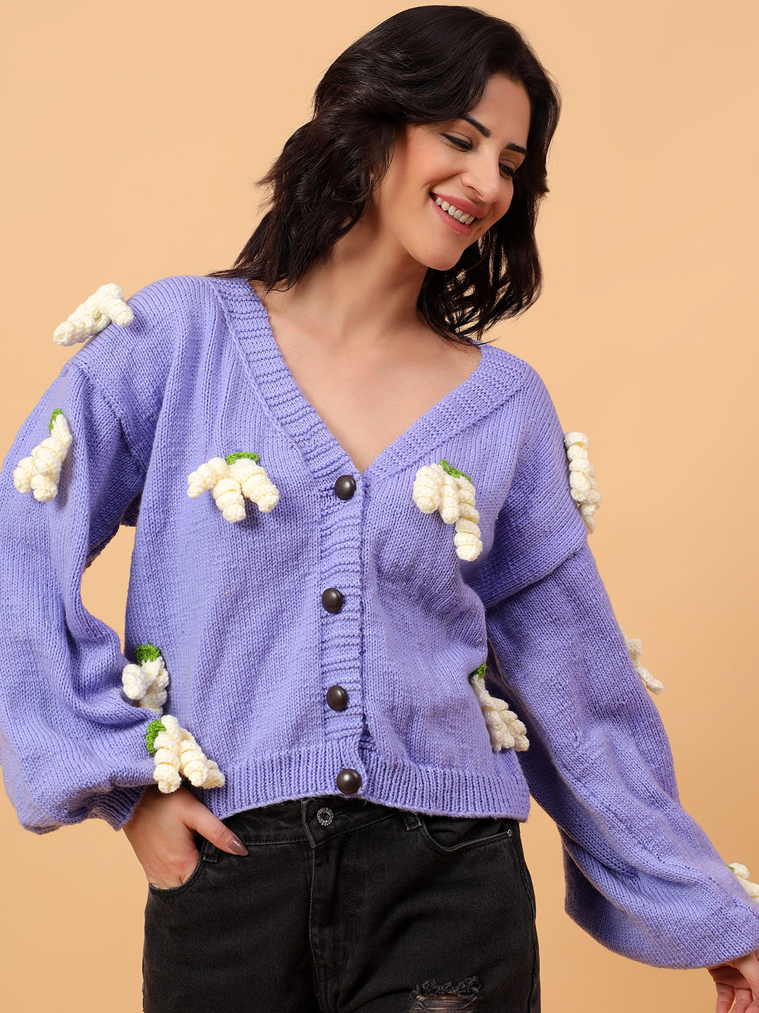 Baggy Cardigan with Crochet Grapes Appliques - Purple