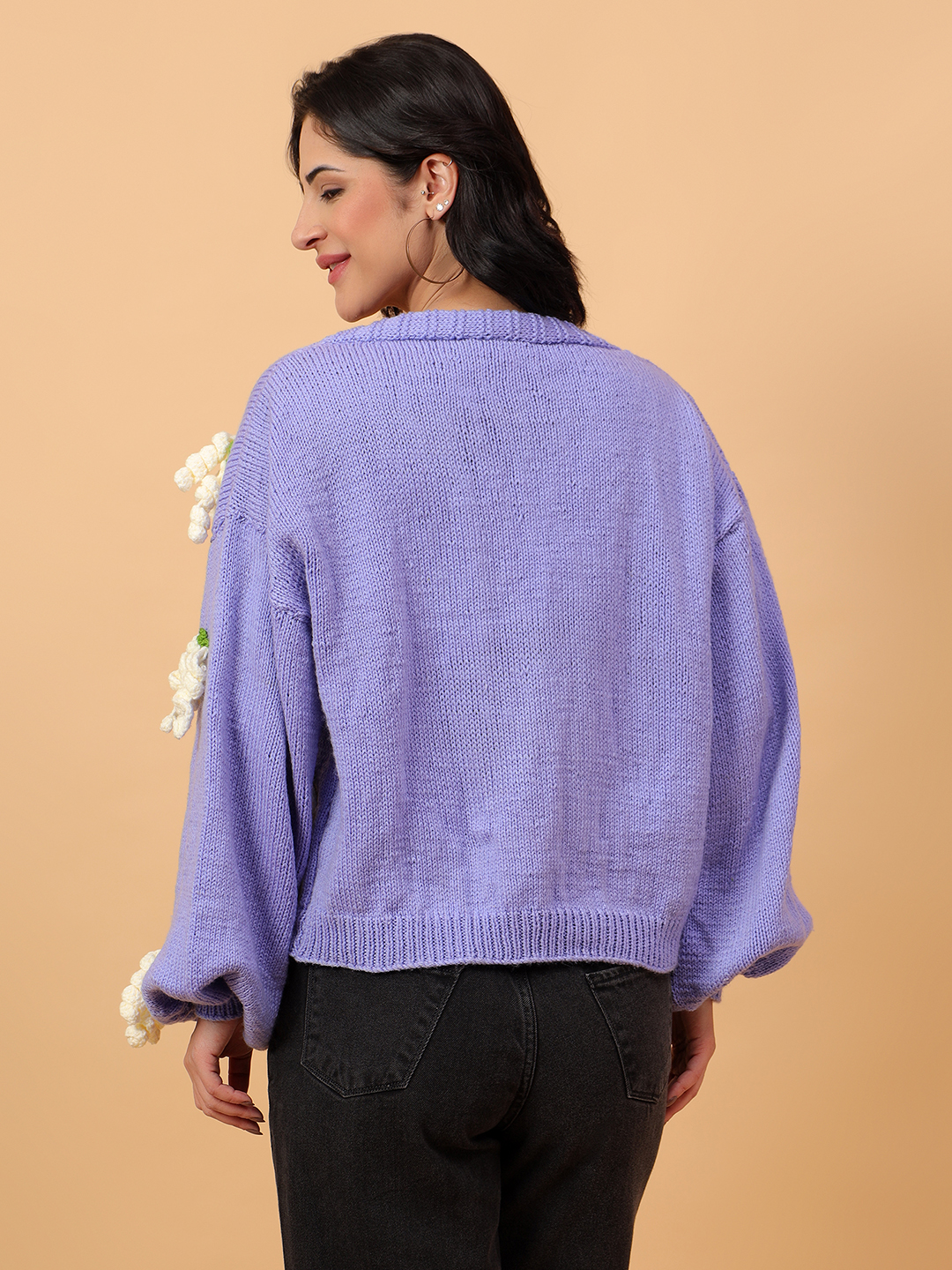 Baggy Cardigan with Crochet Grapes Appliques - Purple