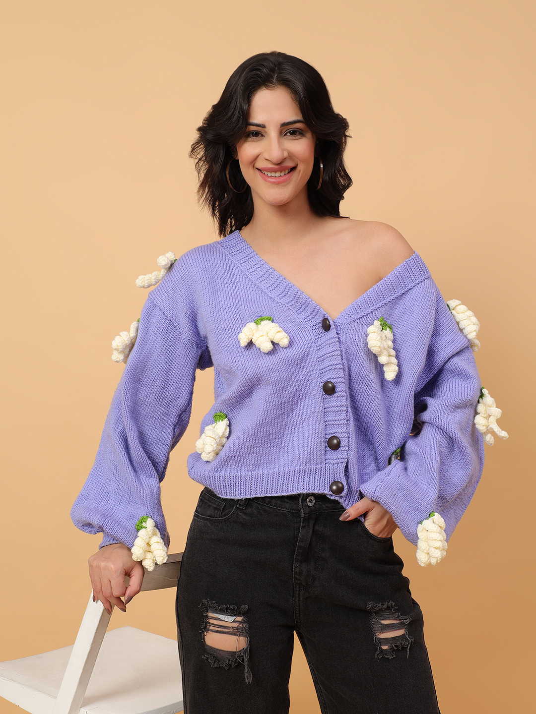 Baggy Cardigan with Crochet Grapes Appliques - Purple