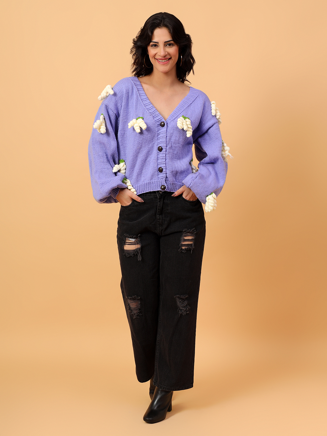 Baggy Cardigan with Crochet Grapes Appliques - Purple