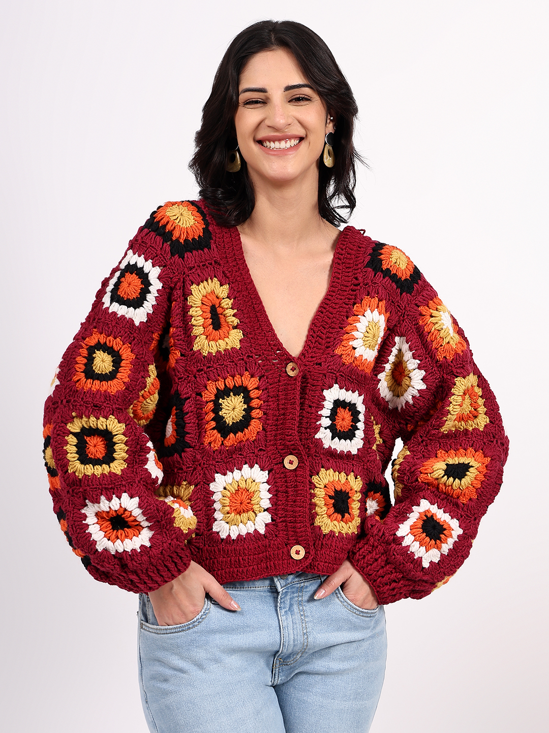 Sustainable Merino Wool Crochet Cardigan - Maroon