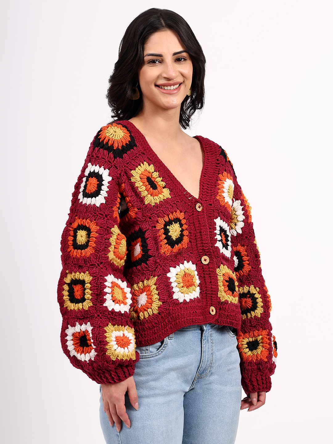 Sustainable Merino Wool Crochet Cardigan - Maroon