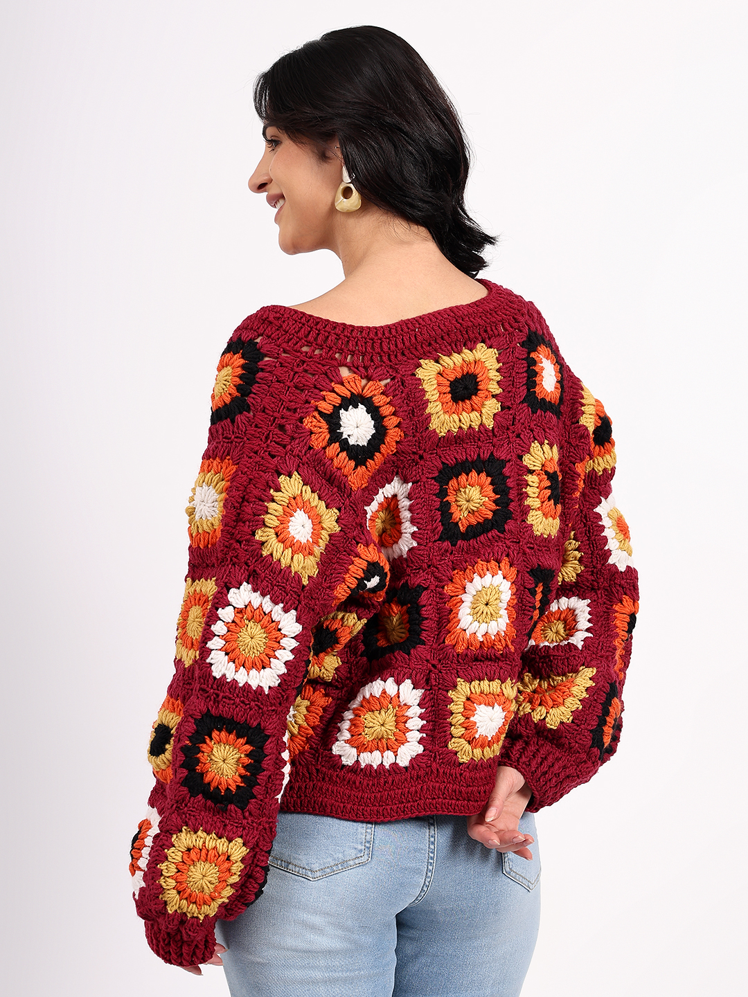 Sustainable Merino Wool Crochet Cardigan - Maroon