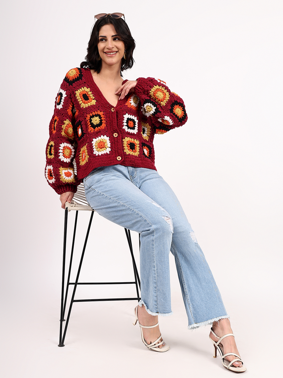 Sustainable Merino Wool Crochet Cardigan - Maroon