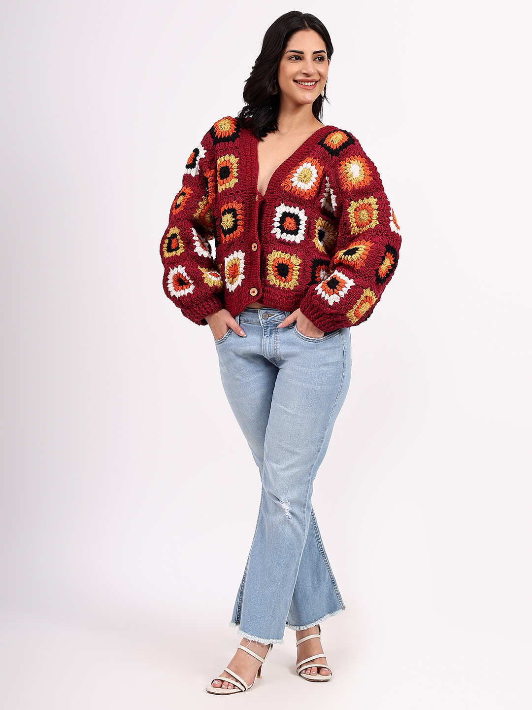 Sustainable Merino Wool Crochet Cardigan - Maroon