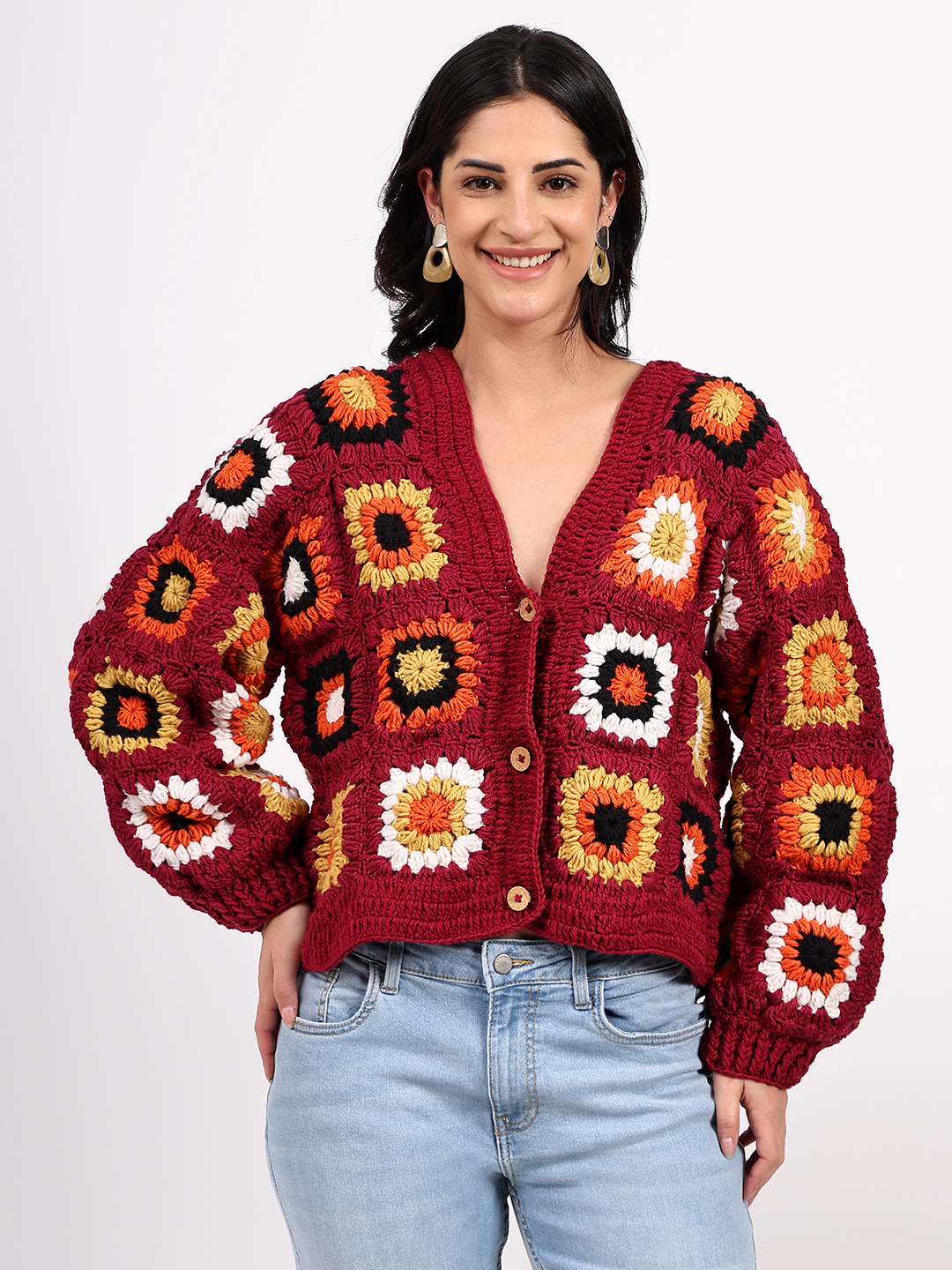 Sustainable Merino Wool Crochet Cardigan - Maroon