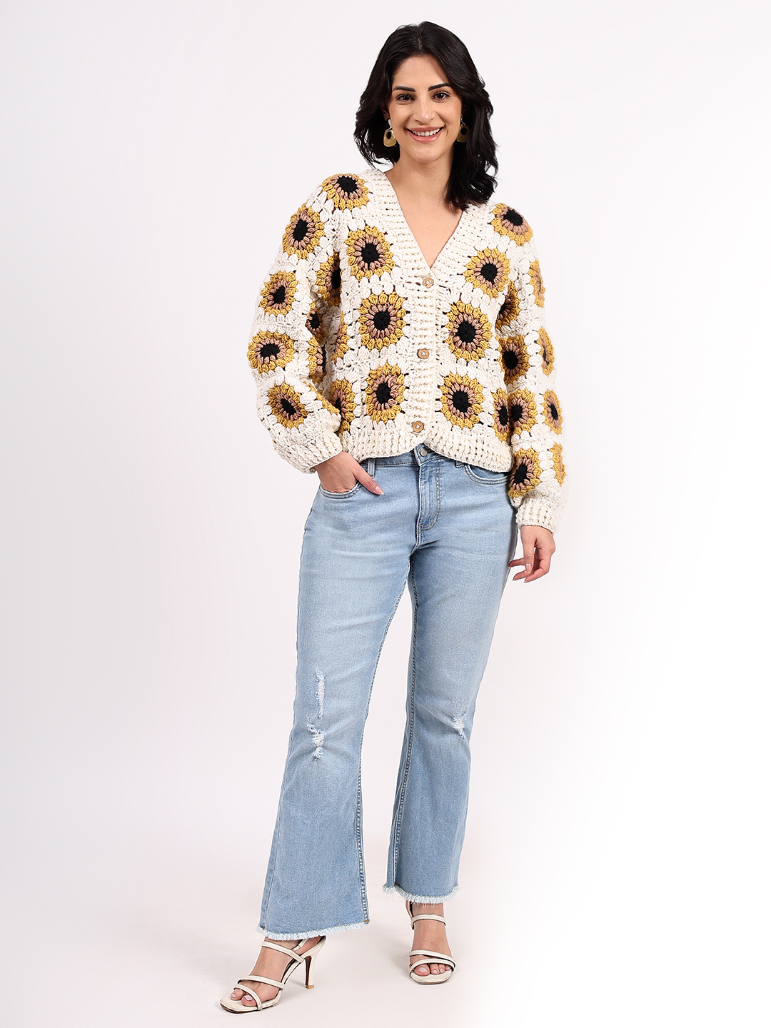 Sustainable Merino Wool Crochet Cardigan - Cream