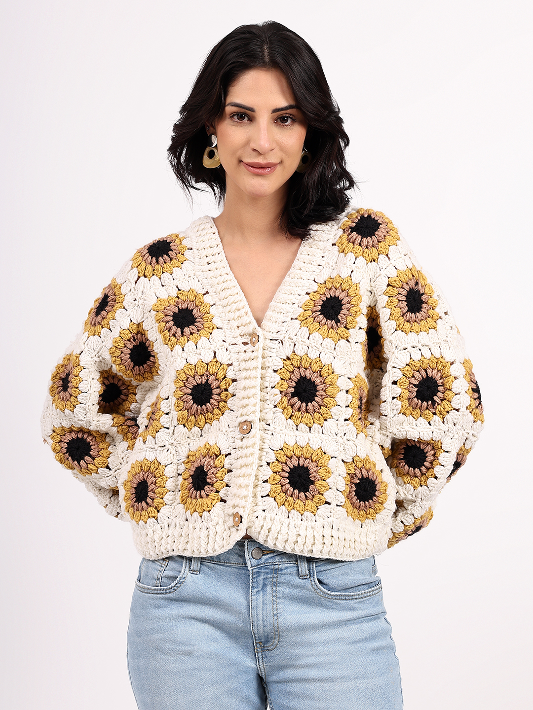 Sustainable Merino Wool Crochet Cardigan - Cream