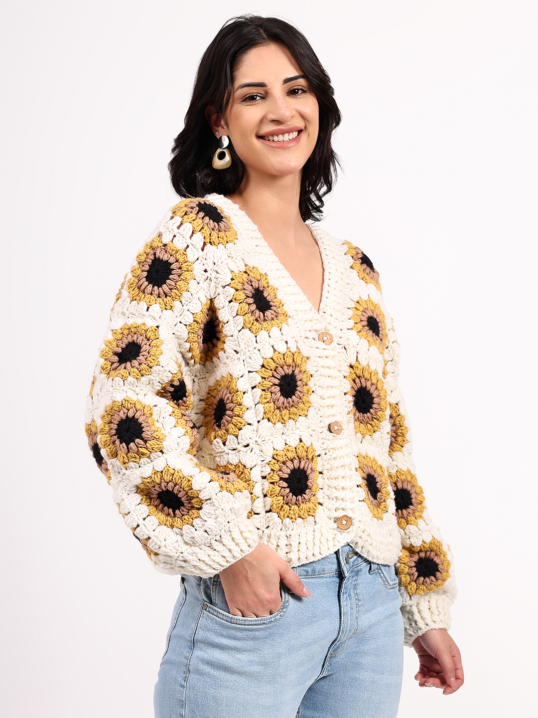 Sustainable Merino Wool Crochet Cardigan - Cream
