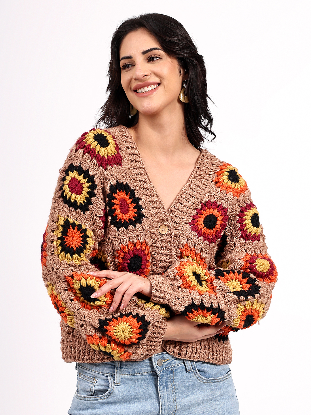 Sustainable Merino Wool Crochet Cardigan - Beige