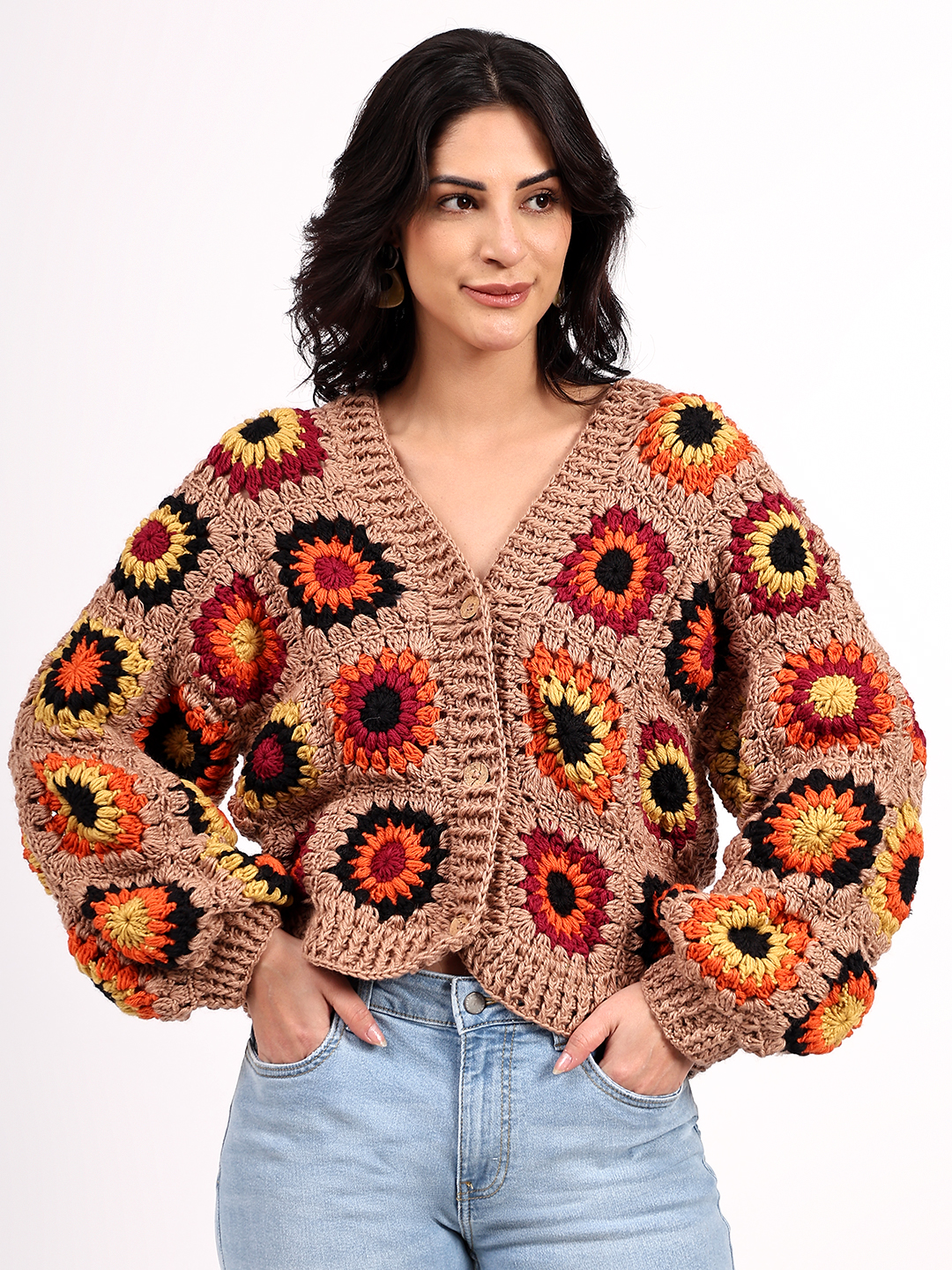 Sustainable Merino Wool Crochet Cardigan - Beige