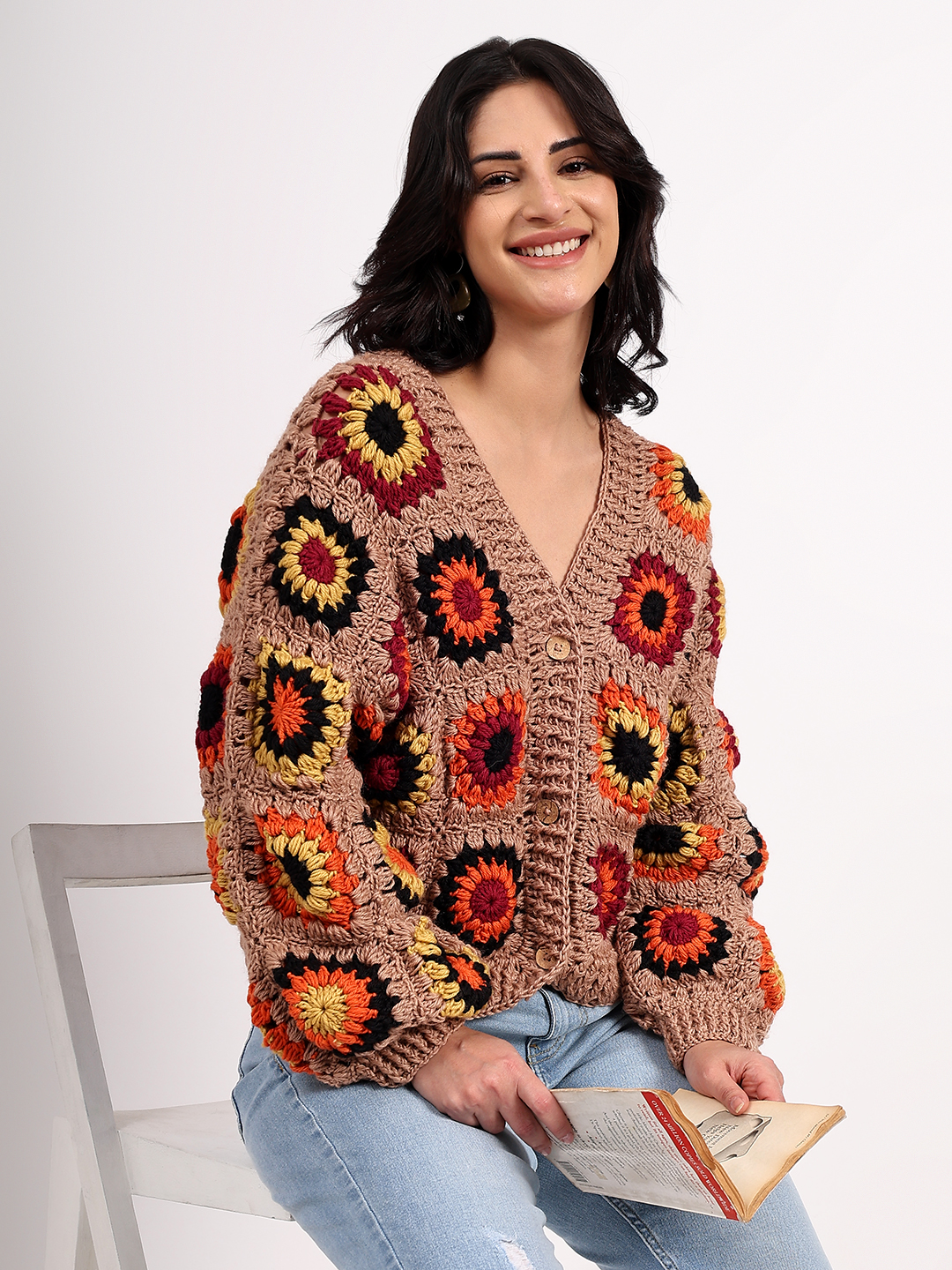 Sustainable Merino Wool Crochet Cardigan - Beige