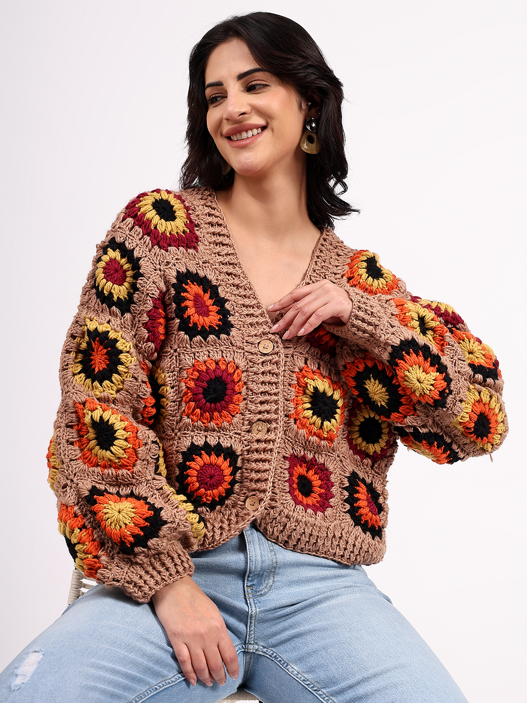Sustainable Merino Wool Crochet Cardigan - Beige