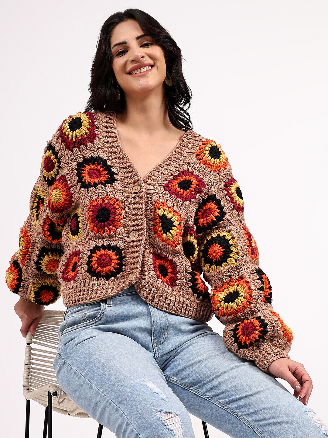 Sustainable Merino Wool Crochet Cardigan - Beige