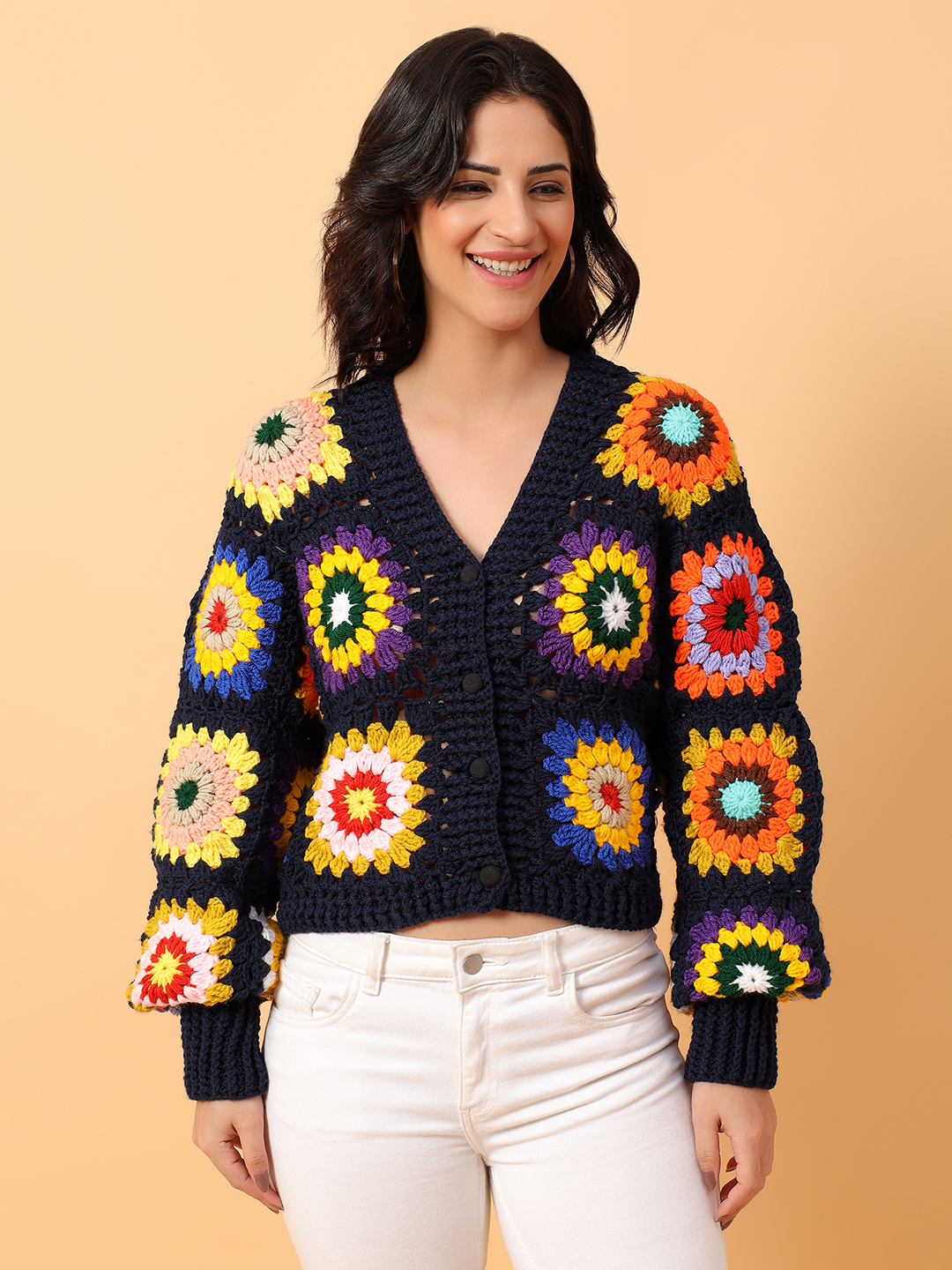 Multicolored Crop Crochet Cardigan