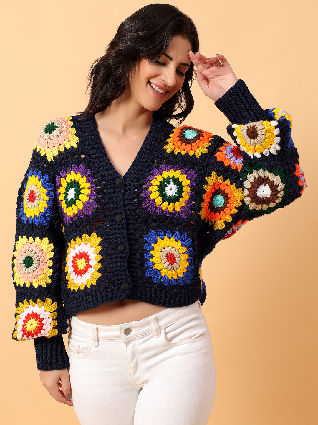 Multicolored Crop Crochet Cardigan