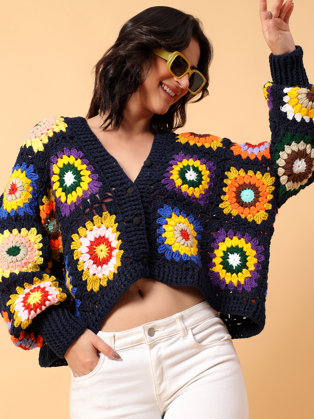 Multicolored Crop Crochet Cardigan