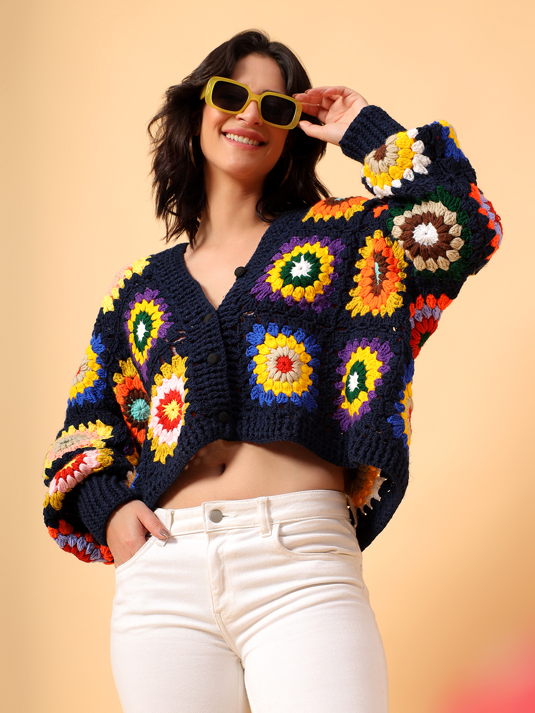 Multicolored Crop Crochet Cardigan