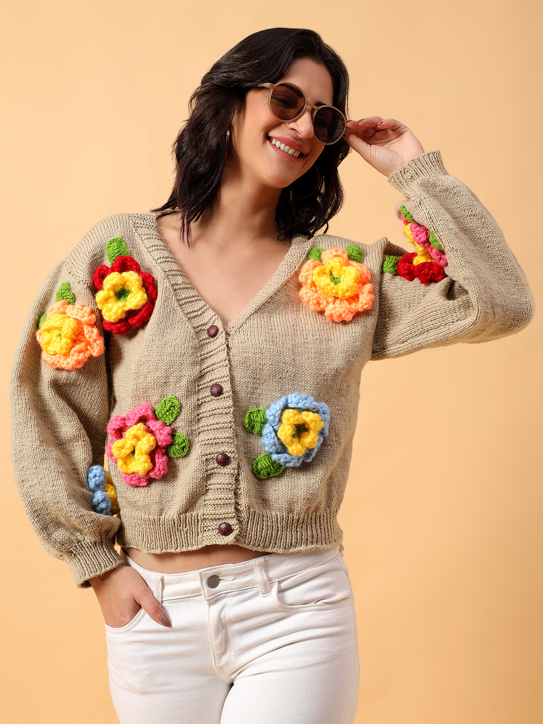 Multicolored Floral Handknitted Cardigan - Beige
