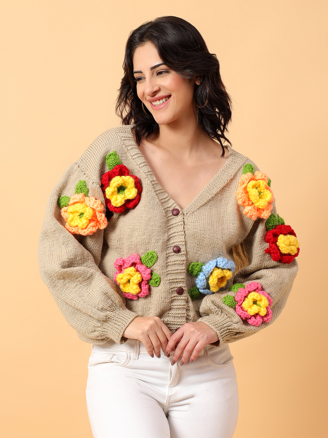 Multicolored Floral Handknitted Cardigan - Beige