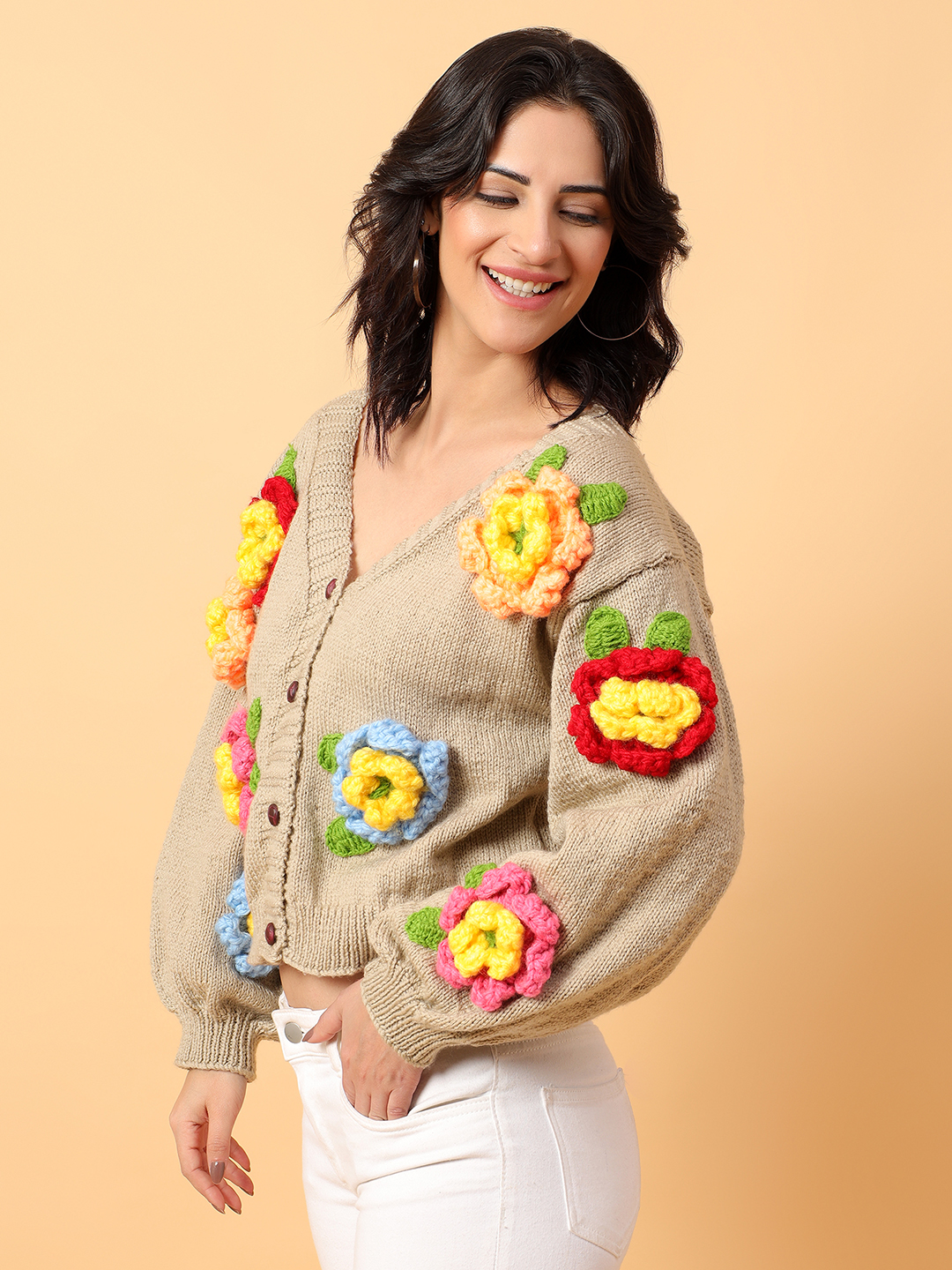 Multicolored Floral Handknitted Cardigan - Beige