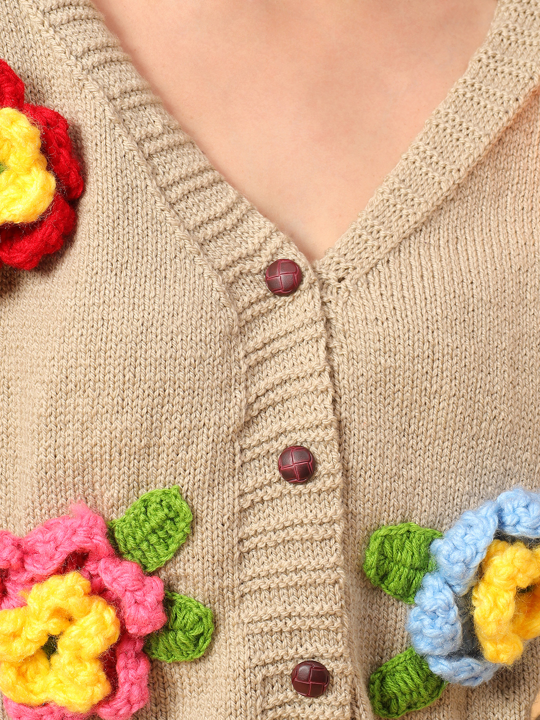 Multicolored Floral Handknitted Cardigan - Beige