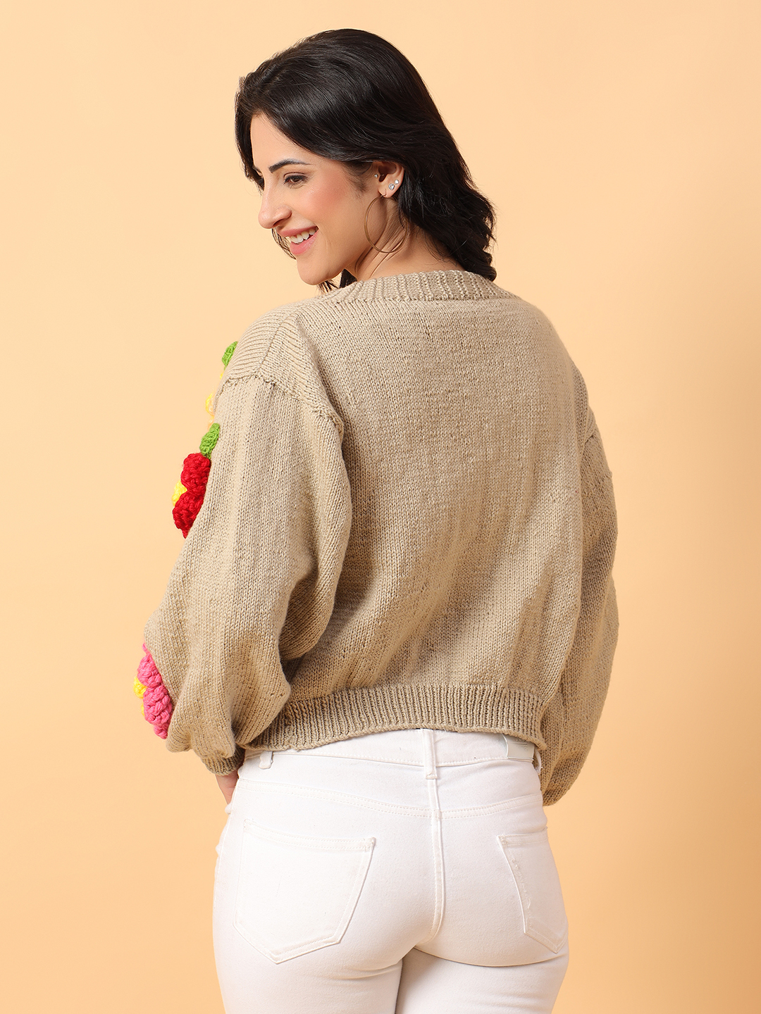 Multicolored Floral Handknitted Cardigan - Beige