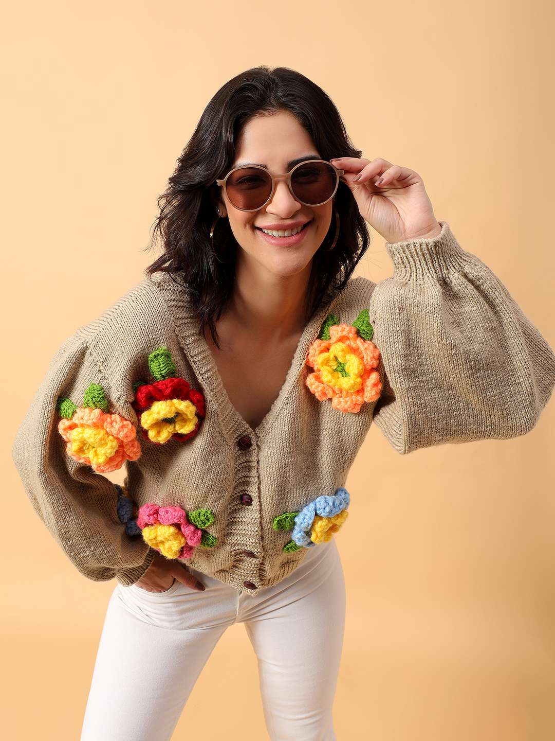 Multicolored Floral Handknitted Cardigan - Beige