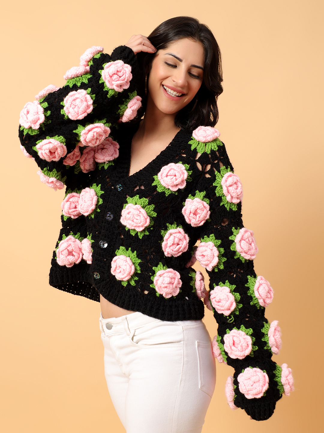 Crochet Pink Rose Cardigan