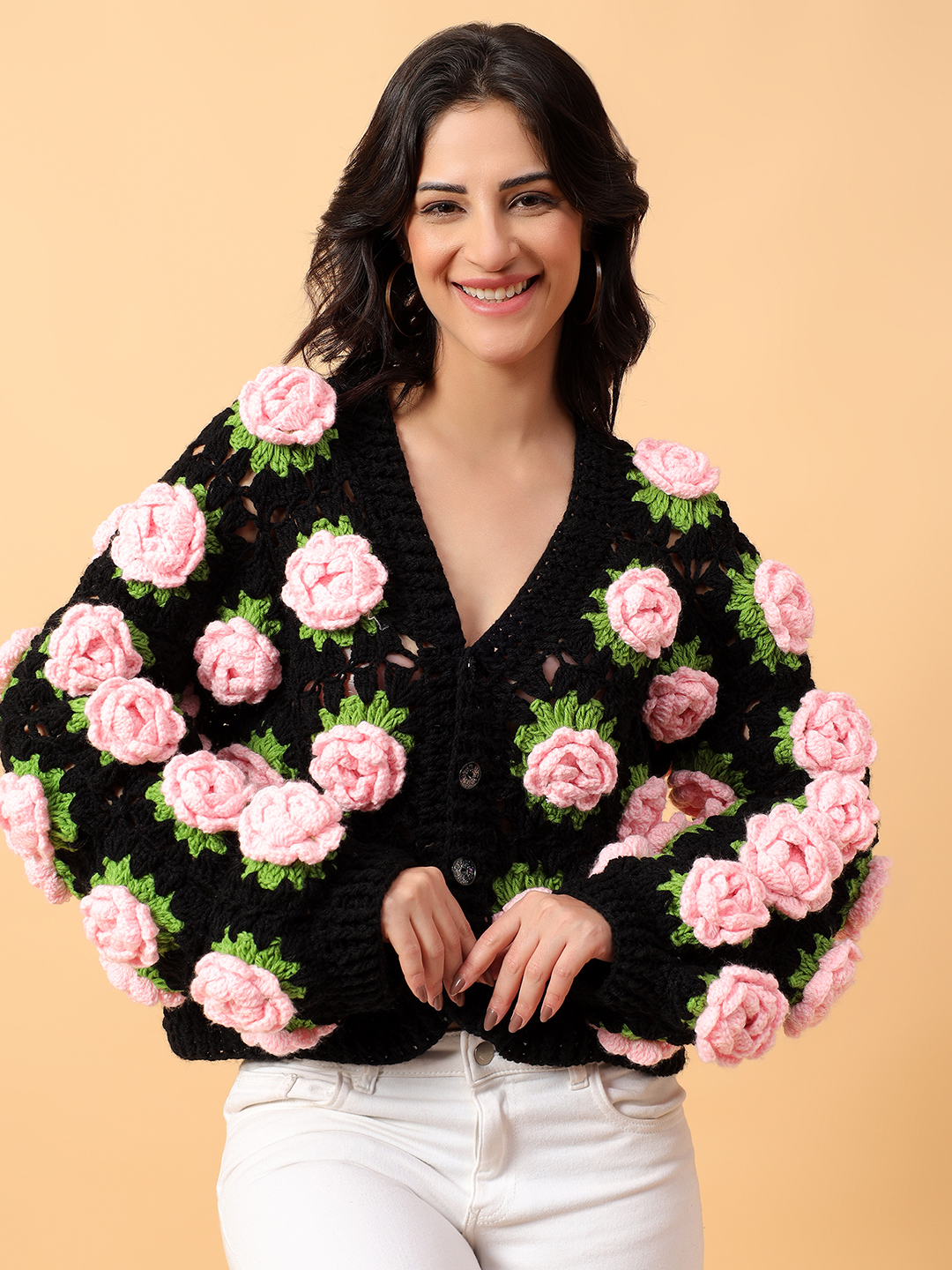 Crochet Pink Rose Cardigan