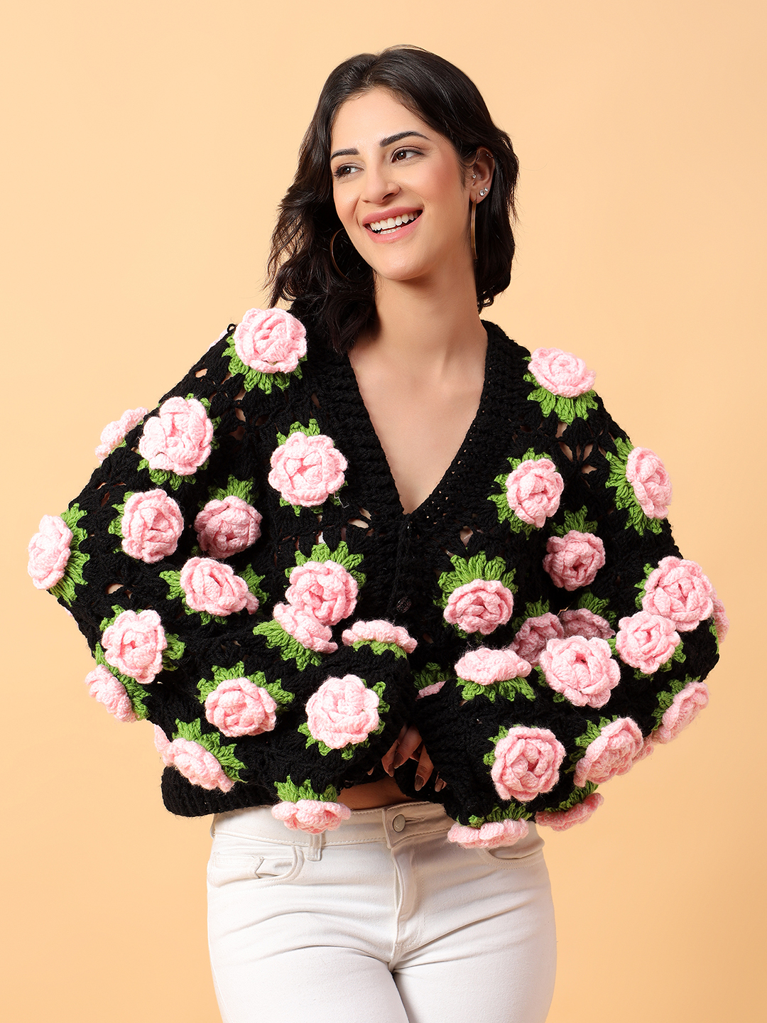 Crochet Pink Rose Cardigan