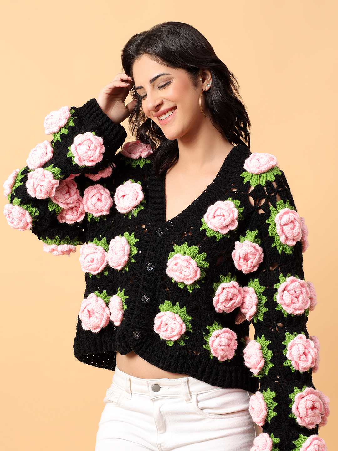 Crochet Pink Rose Cardigan