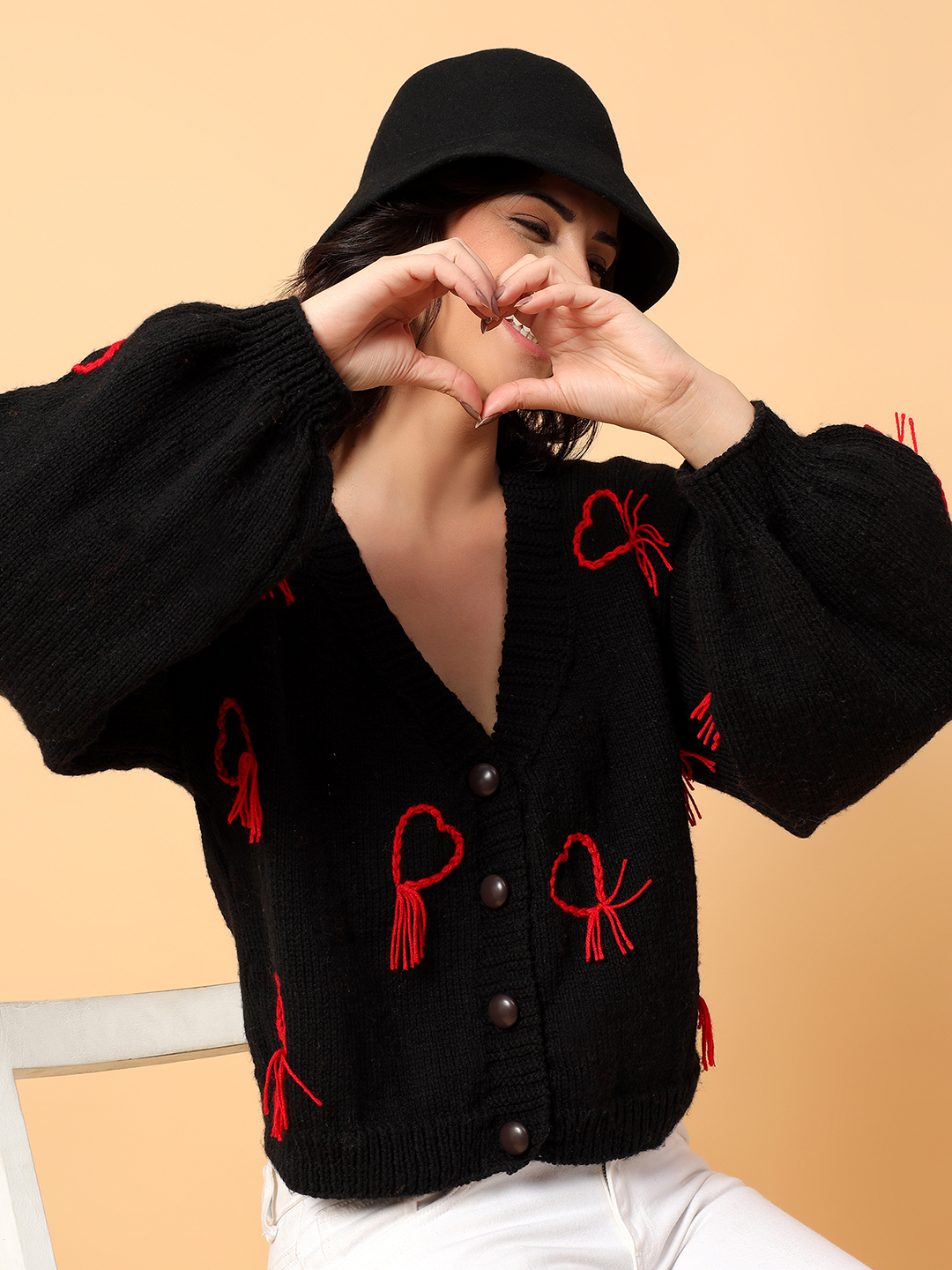 Heart Embroidered V-Neck Cardigan - Black