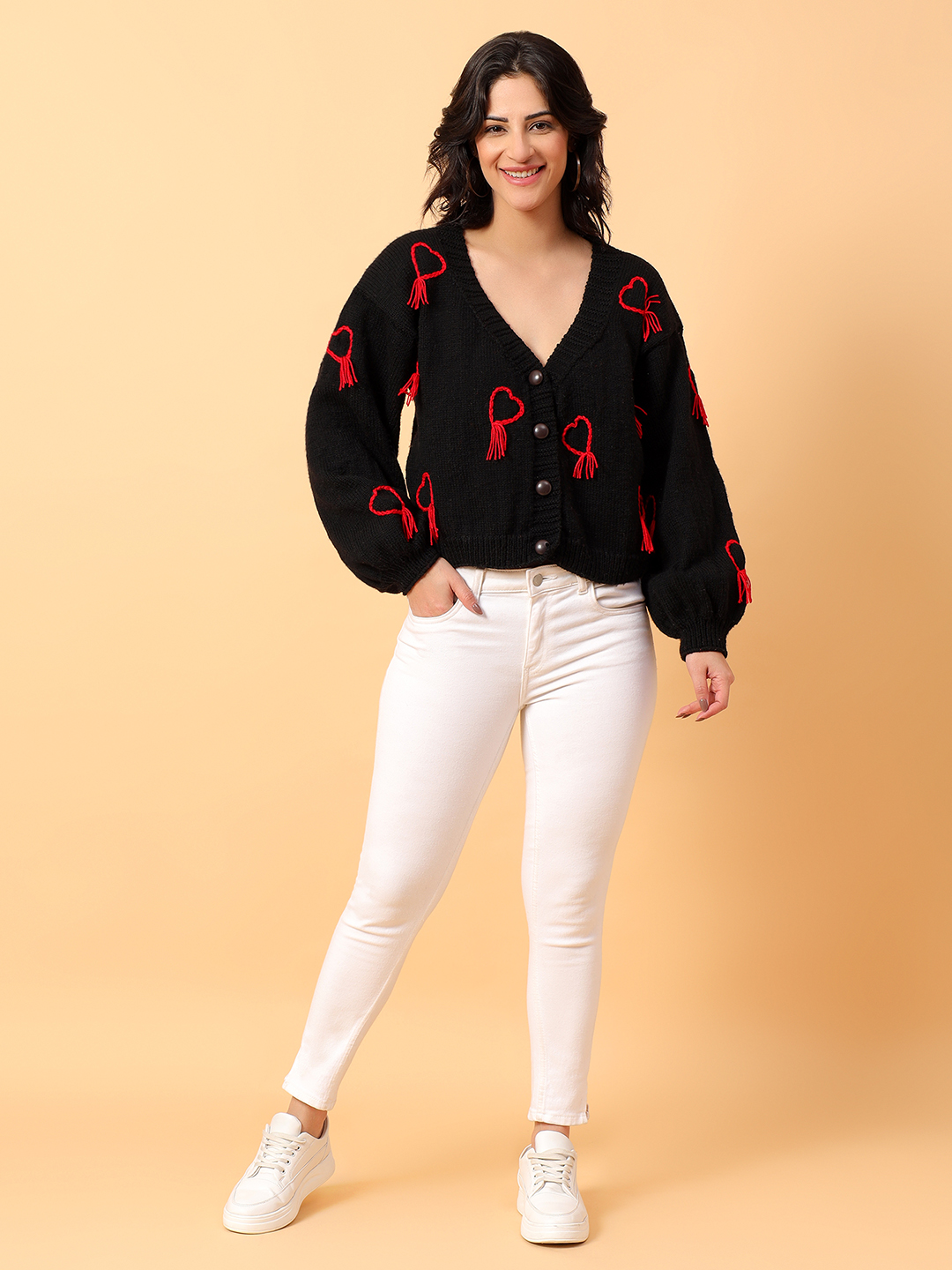 Heart Embroidered V-Neck Cardigan - Black