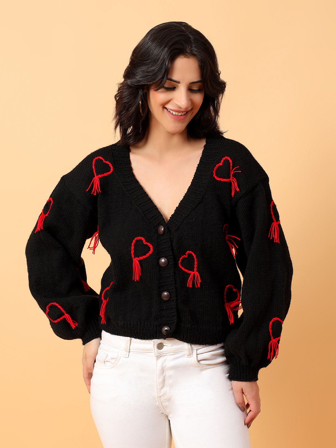 Heart Embroidered V-Neck Cardigan - Black