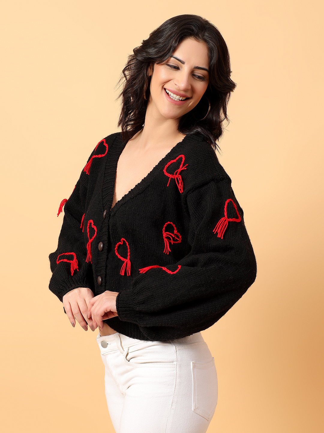 Heart Embroidered V-Neck Cardigan - Black