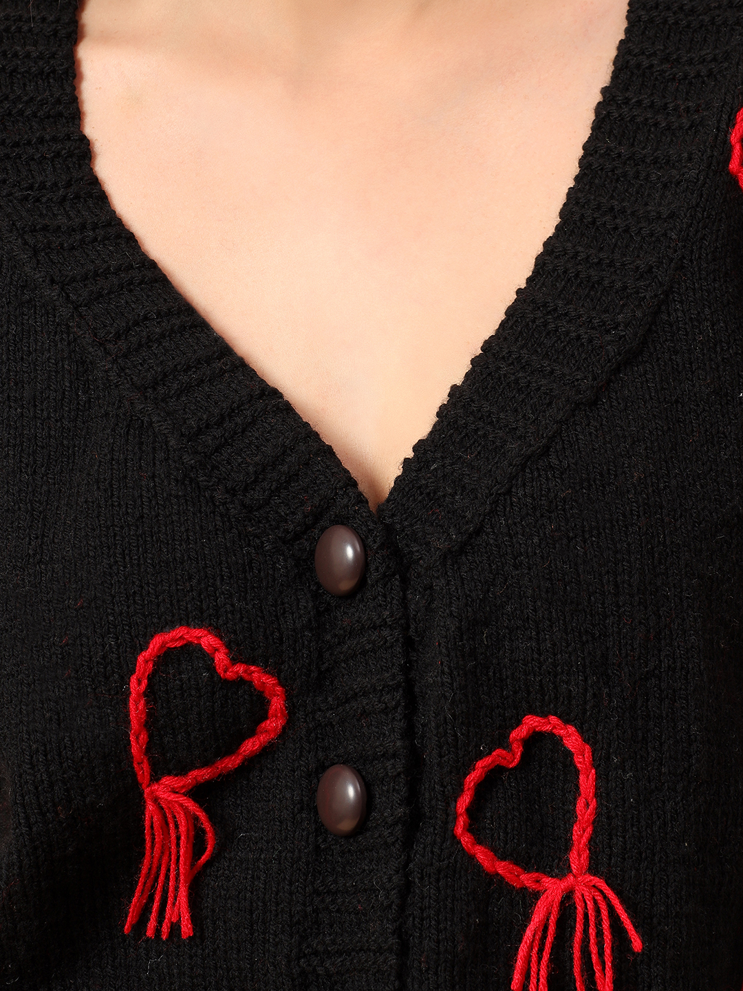 Heart Embroidered V-Neck Cardigan - Black