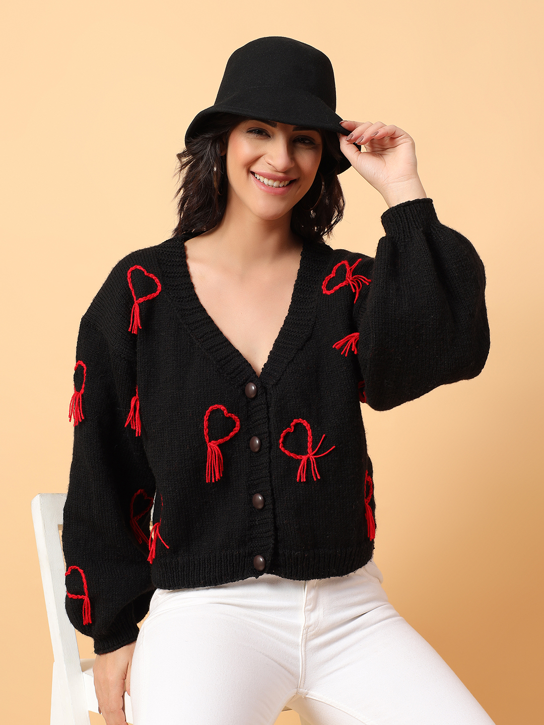 Heart Embroidered V-Neck Cardigan - Black