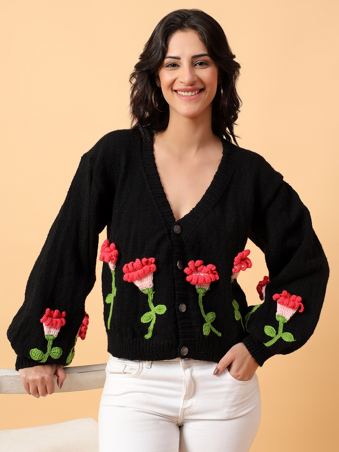 Velvery Black Floral Knit Cardigan