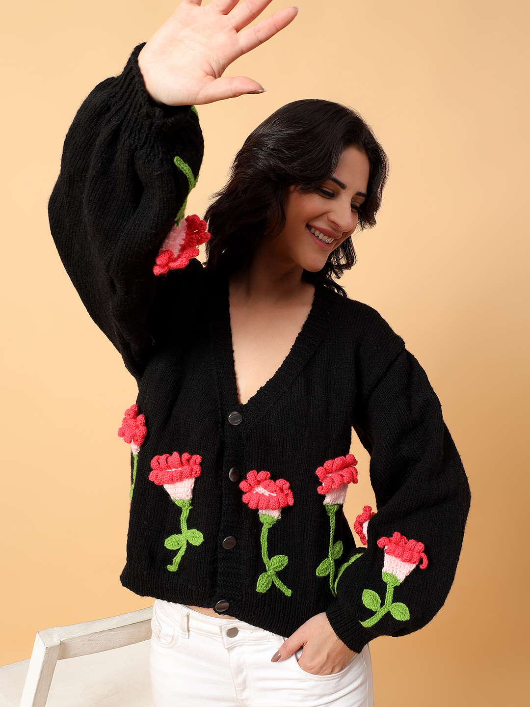 Velvery Black Floral Knit Cardigan