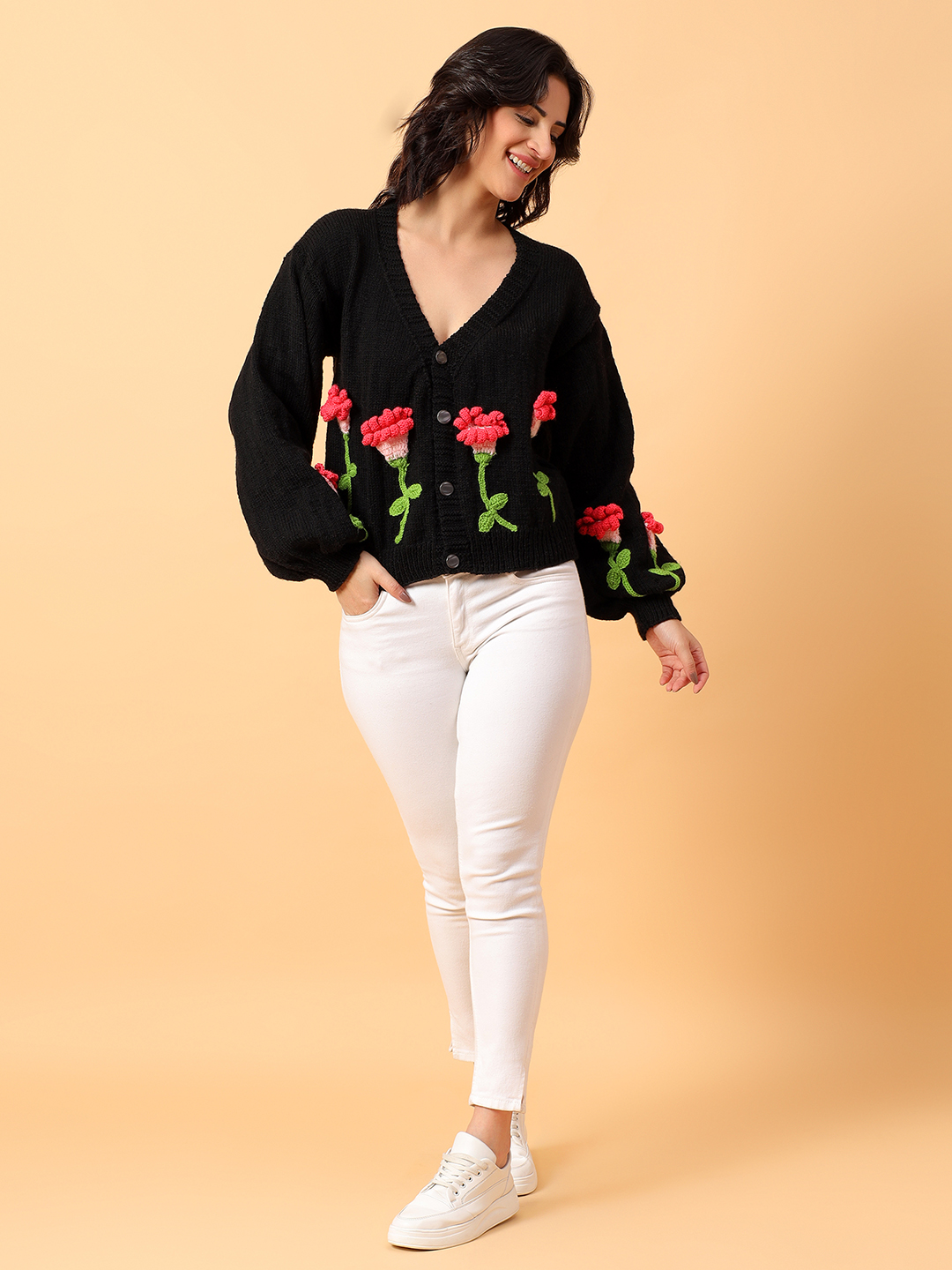 Velvery Black Floral Knit Cardigan