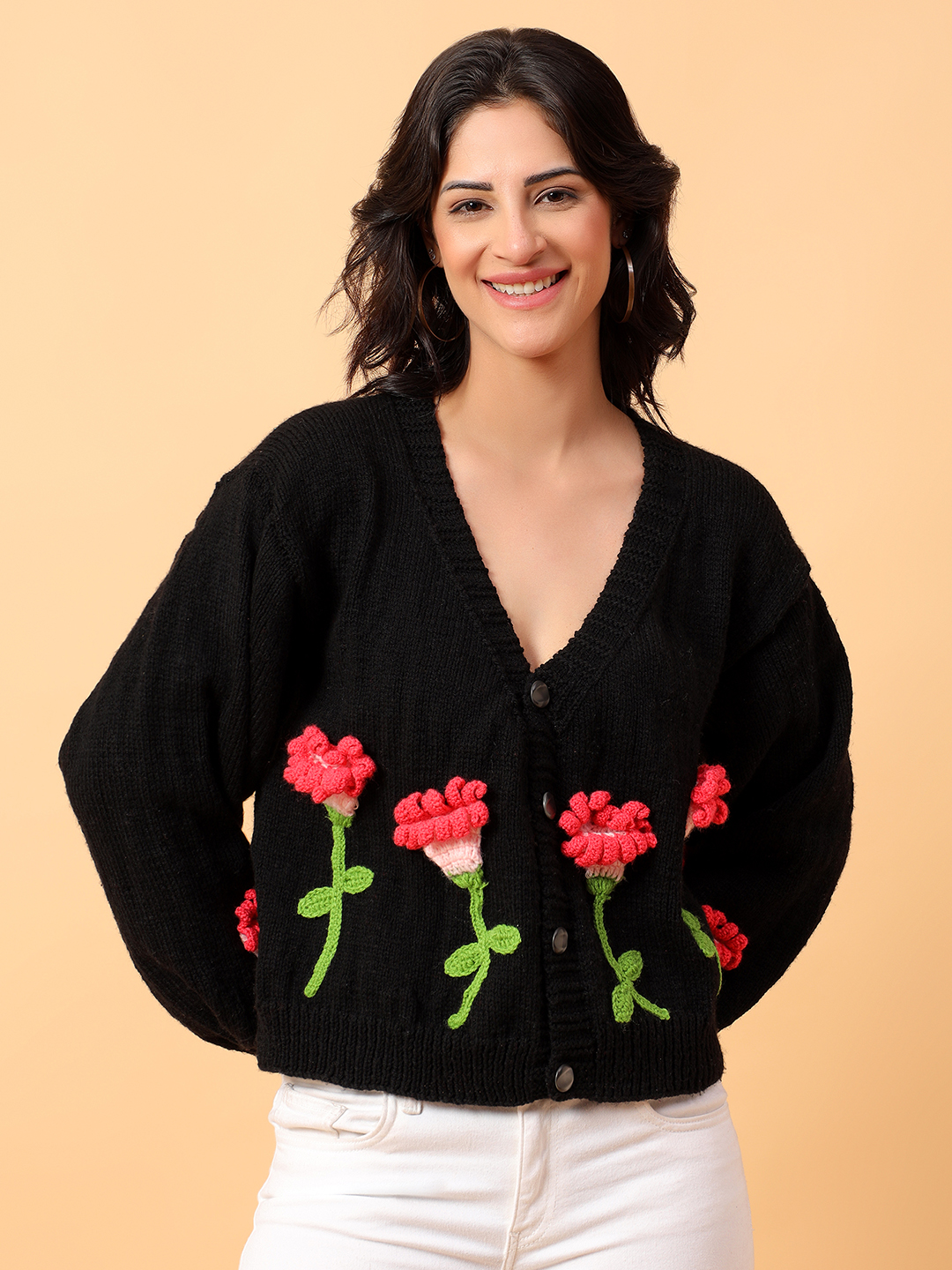 Velvery Black Floral Knit Cardigan