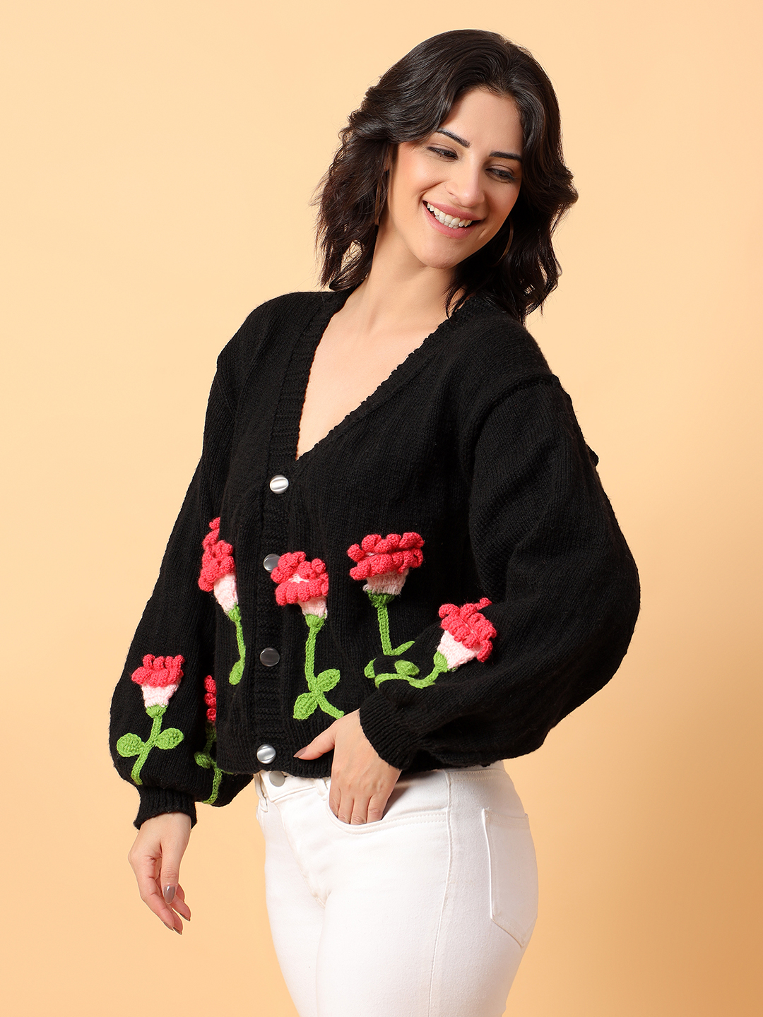 Velvery Black Floral Knit Cardigan