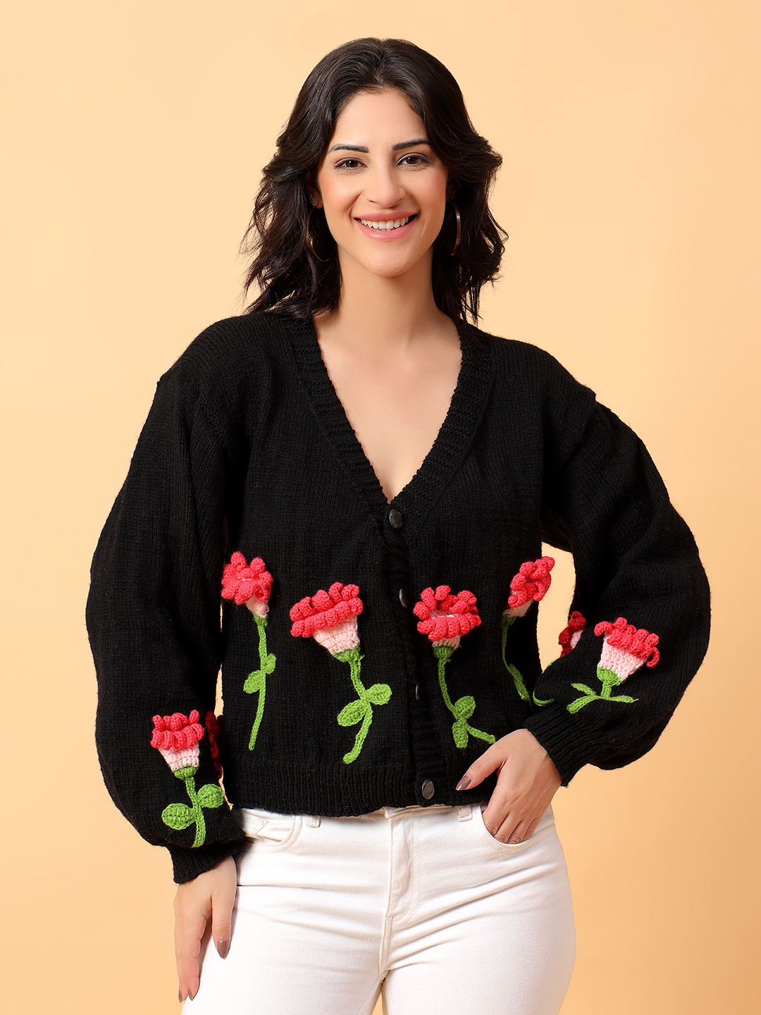 Velvery Black Floral Knit Cardigan