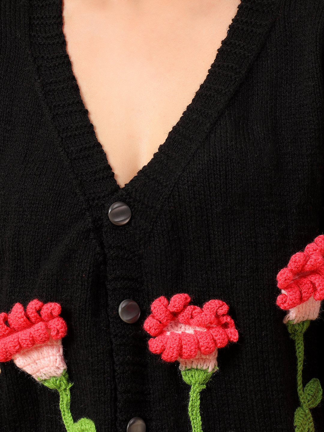 Velvery Black Floral Knit Cardigan