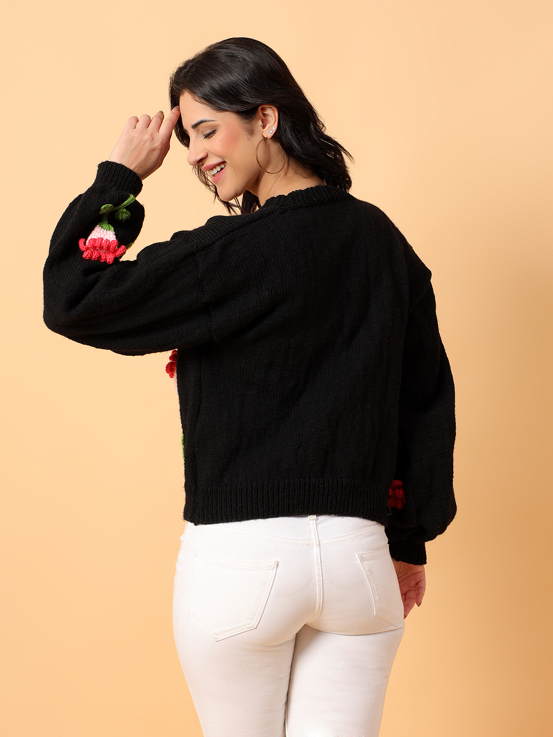 Velvery Black Floral Knit Cardigan