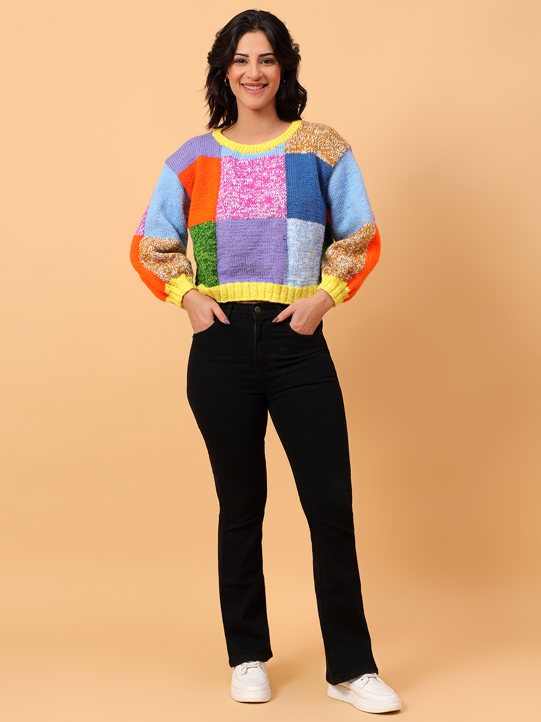 Velvery Knitted Textured Round Neck Sweater
