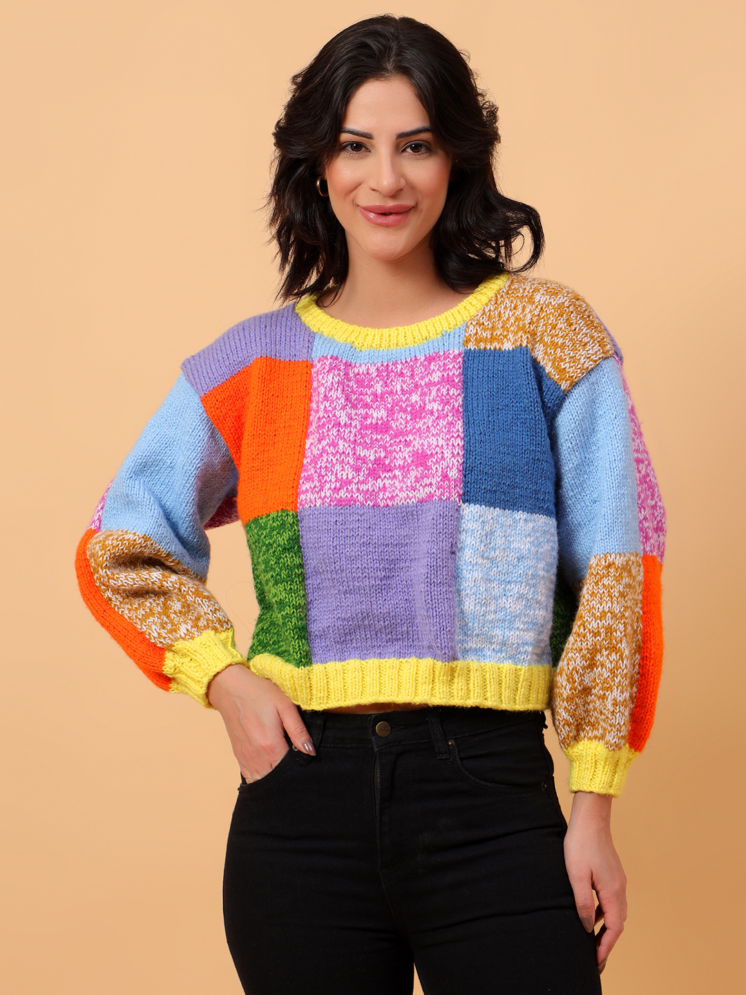 Velvery Knitted Textured Round Neck Sweater